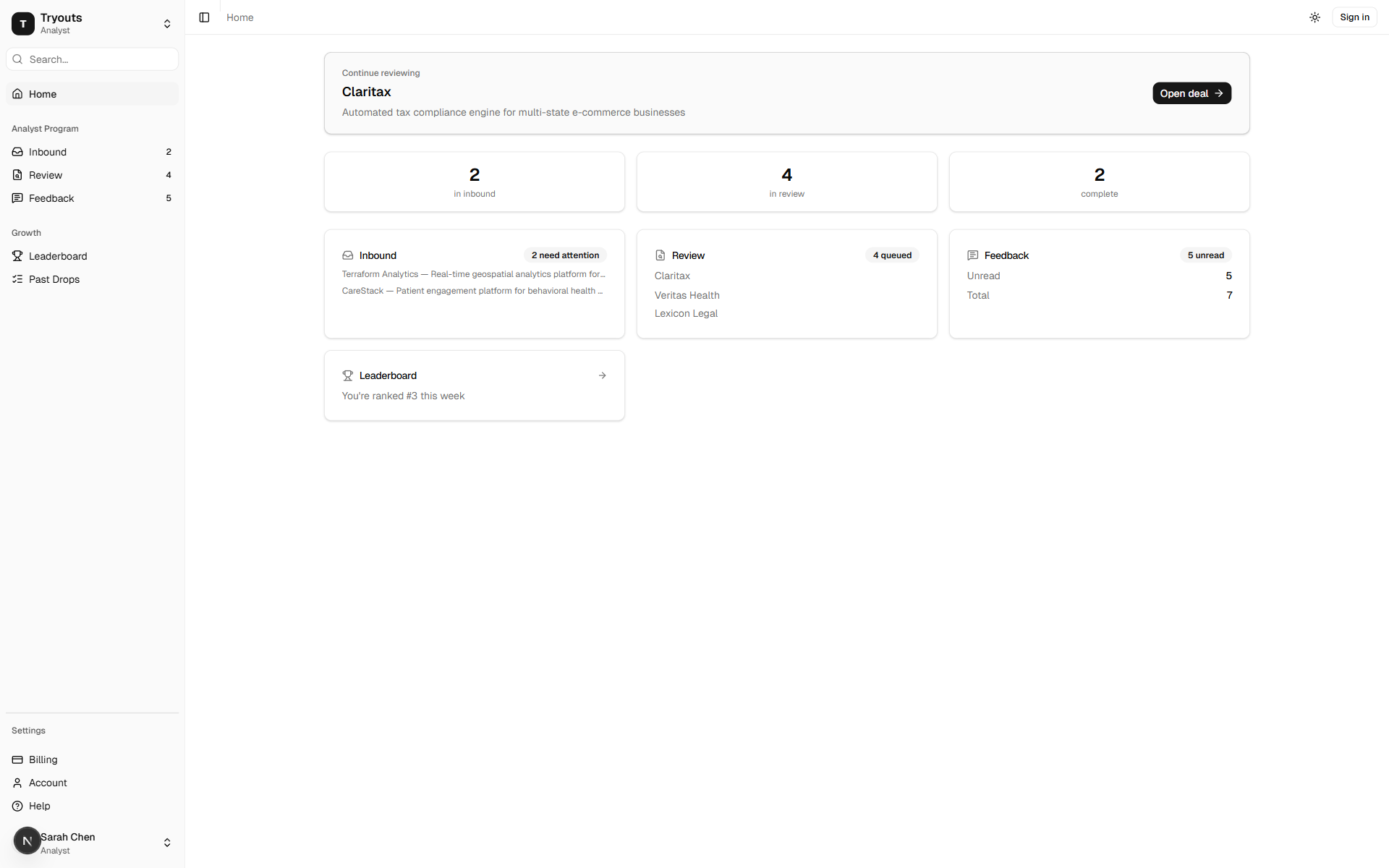 Tryouts home dashboard showing inbound, review, feedback, and leaderboard status.