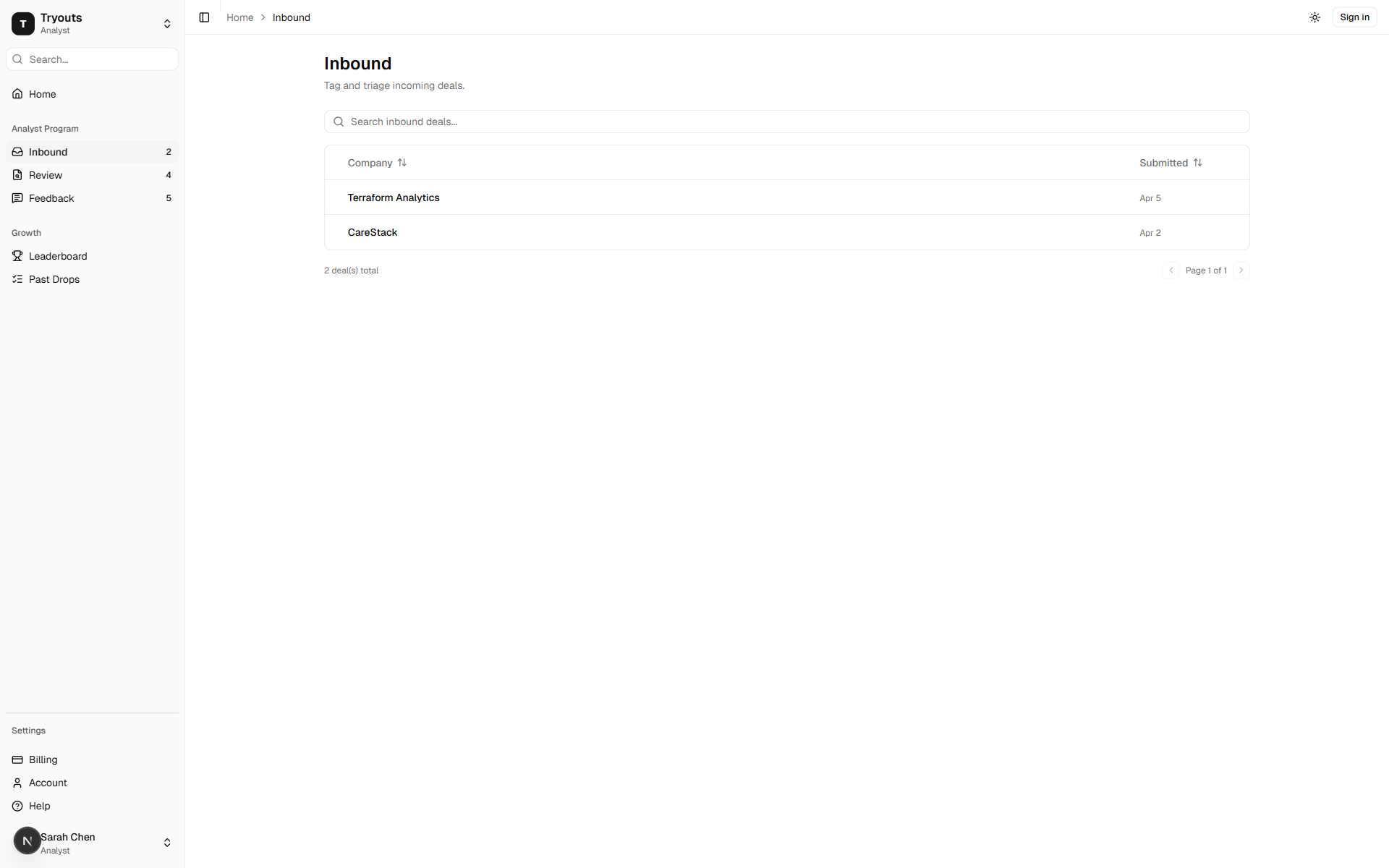 Tryouts inbound screen showing startup deals ready to tag and triage.