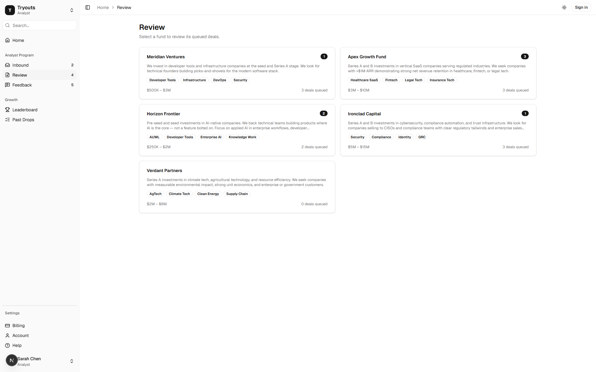 Tryouts review screen showing active fund mandates, focus areas, check sizes, and queued deals.